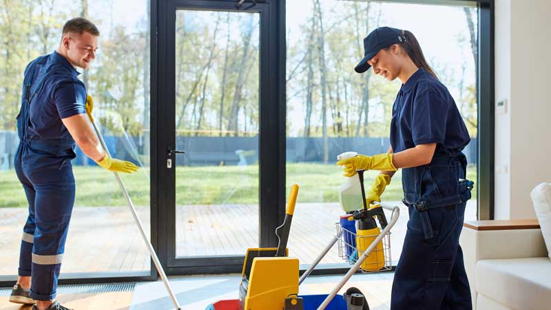 Two workers cleaning out an apartment